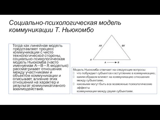 Социально-психологическая модель коммуникации Т. Ньюкомбо Тогда как линейная модель представляет процесс