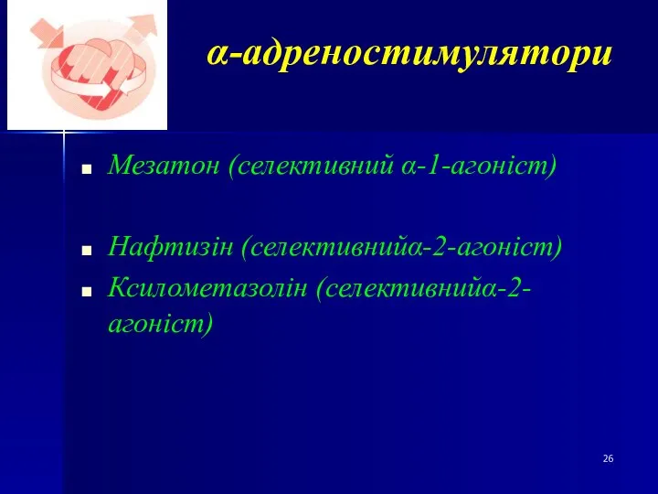 α-адреностимулятори Мезатон (селективний α-1-агоніст) Нафтизін (селективнийα-2-агоніст) Ксилометазолін (селективнийα-2-агоніст)