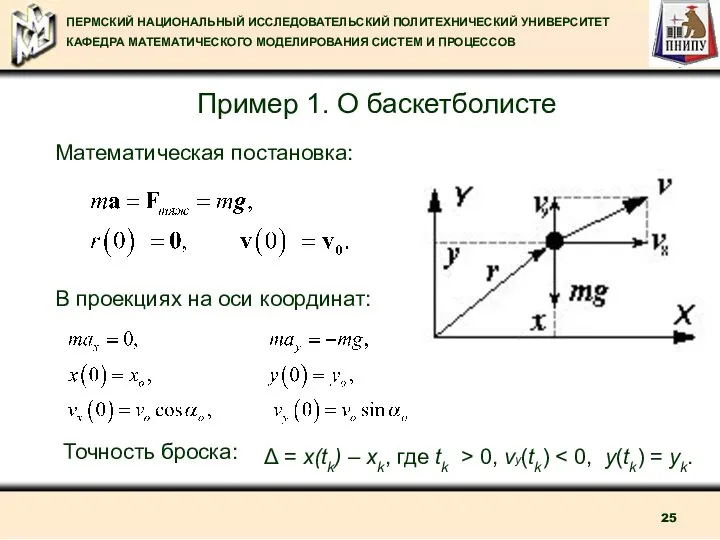 Пример 1. О баскетболисте Математическая постановка: В проекциях на оси координат: