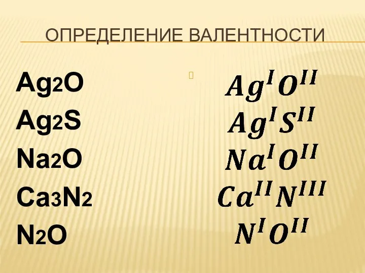 ОПРЕДЕЛЕНИЕ ВАЛЕНТНОСТИ Ag2O Ag2S Na2O Ca3N2 N2O