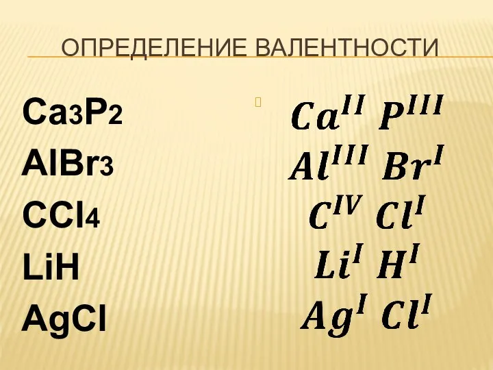 ОПРЕДЕЛЕНИЕ ВАЛЕНТНОСТИ Ca3P2 AlBr3 CCl4 LiH AgCl