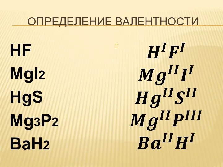 ОПРЕДЕЛЕНИЕ ВАЛЕНТНОСТИ HF MgI2 HgS Mg3P2 BaH2