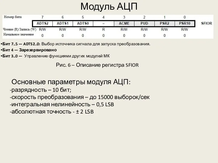 Модуль АЦП Бит 7..5 — ADTS2..0: Выбор источника сигнала для запуска