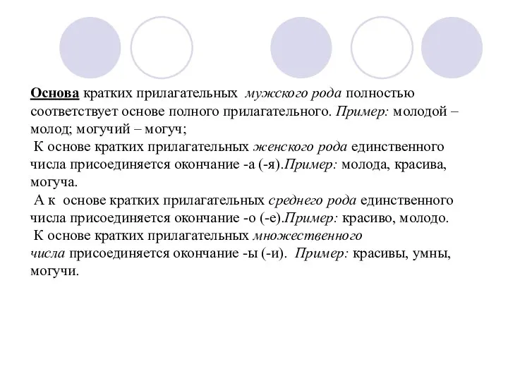 Основа кратких прилагательных мужского рода полностью соответствует основе полного прилагательного. Пример: