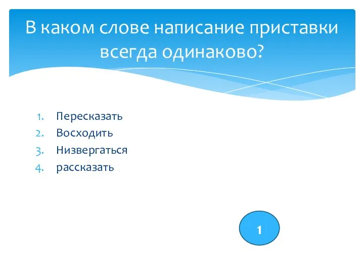 Пересказать Восходить Низвергаться рассказать В каком слове написание приставки всегда одинаково? 1