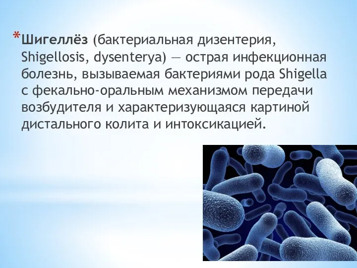 Шигеллёз (бактериальная дизентерия, Shigellosis, dysenterya) — острая инфекционная болезнь, вызываемая бактериями