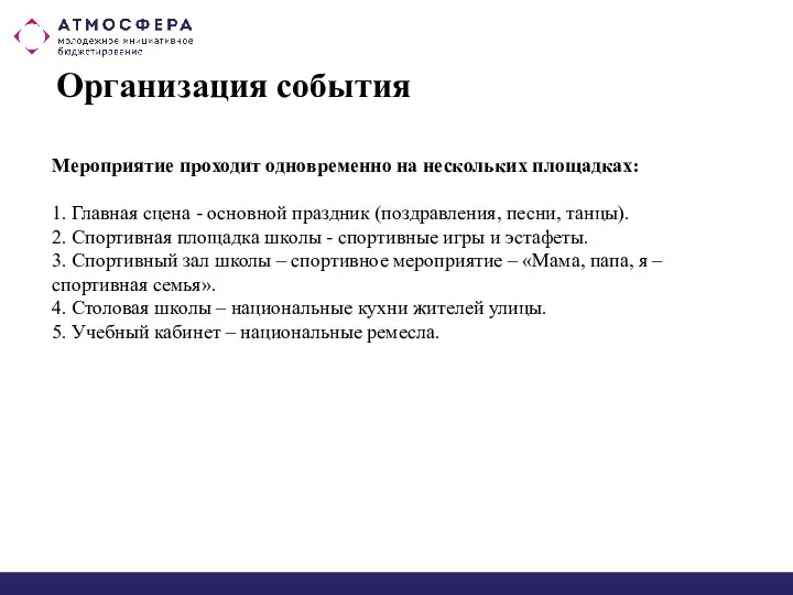 Организация события Мероприятие проходит одновременно на нескольких площадках: 1. Главная сцена