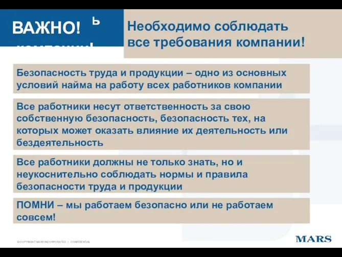 Необходимо соблюдать все требования компании! ВАЖНО! Необходимо соблюдать все требования компании!