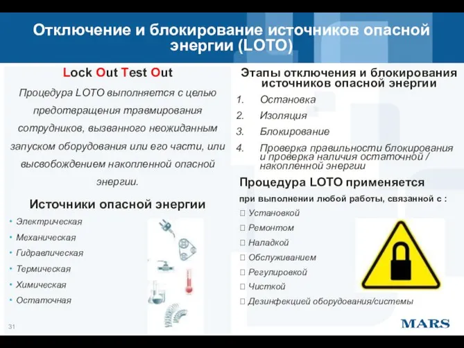 Этапы отключения и блокирования источников опасной энергии Остановка Изоляция Блокирование Проверка