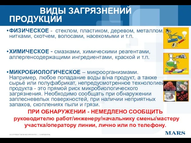 ВИДЫ ЗАГРЯЗНЕНИЙ ПРОДУКЦИИ ФИЗИЧЕСКОЕ - стеклом, пластиком, деревом, металлом, нитками, скотчем,