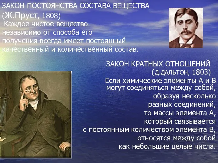 ЗАКОН ПОСТОЯНСТВА СОСТАВА ВЕЩЕСТВА (Ж.Пруст, 1808) Каждое чистое вещество независимо от