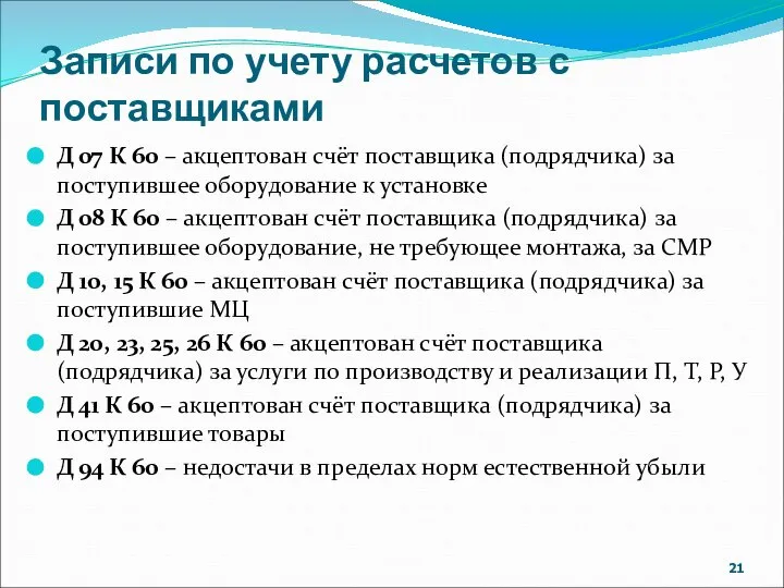 Записи по учету расчетов с поставщиками Д 07 К 60 –