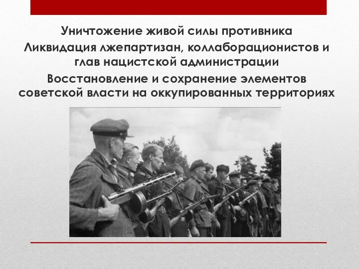 Уничтожение живой силы противника Ликвидация лжепартизан, коллаборационистов и глав нацистской администрации