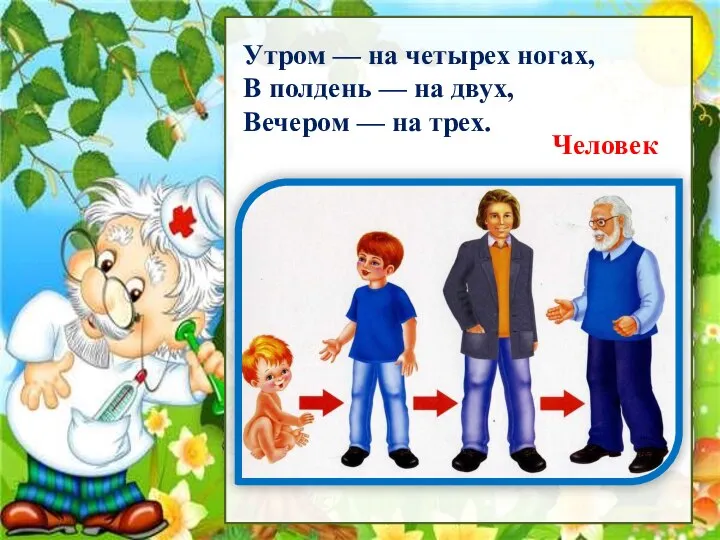 Рассмотри Утром — на четырех ногах, В полдень — на двух, Вечером — на трех. Человек