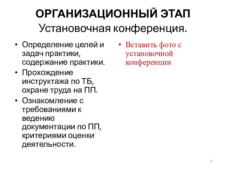 ОРГАНИЗАЦИОННЫЙ ЭТАП Установочная конференция. Определение целей и задач практики, содержание практики.