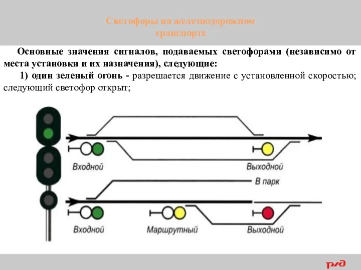 Светофоры на железнодорожном транспорте Основные значения сигналов, подаваемых светофорами (независимо от