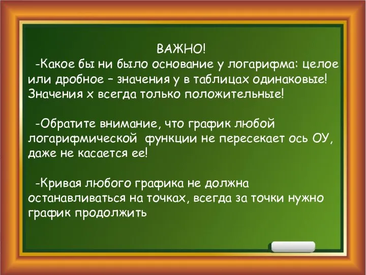 ВАЖНО! -Какое бы ни было основание у логарифма: целое или дробное