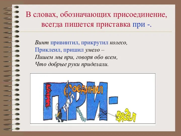 В словах, обозначающих присоединение, всегда пишется приставка при -. Винт привинтил,