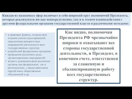 Каждая из названных сфер включает в себя широкий круг полномочий Президента,