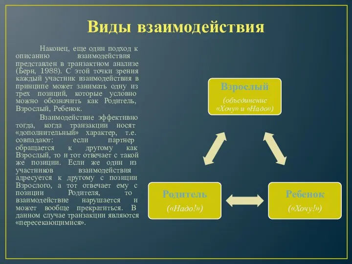 Виды взаимодействия Наконец, еще один подход к описанию взаимодействия представлен в