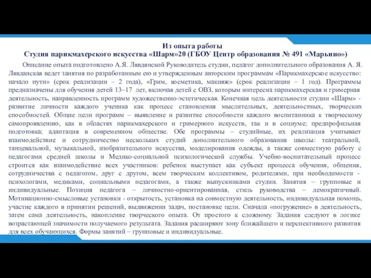 Из опыта работы Студия парикмахерского искусства «Шарм»20 (ГБОУ Центр образования №