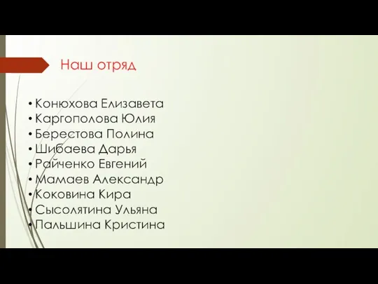 Наш отряд Конюхова Елизавета Каргополова Юлия Берестова Полина Шибаева Дарья Райченко