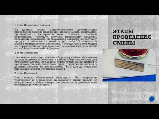 ЭТАПЫ ПРОВЕДЕНИЯ СМЕНЫ 1 этап: Подготовительный На данном этапе: разрабатывается документация