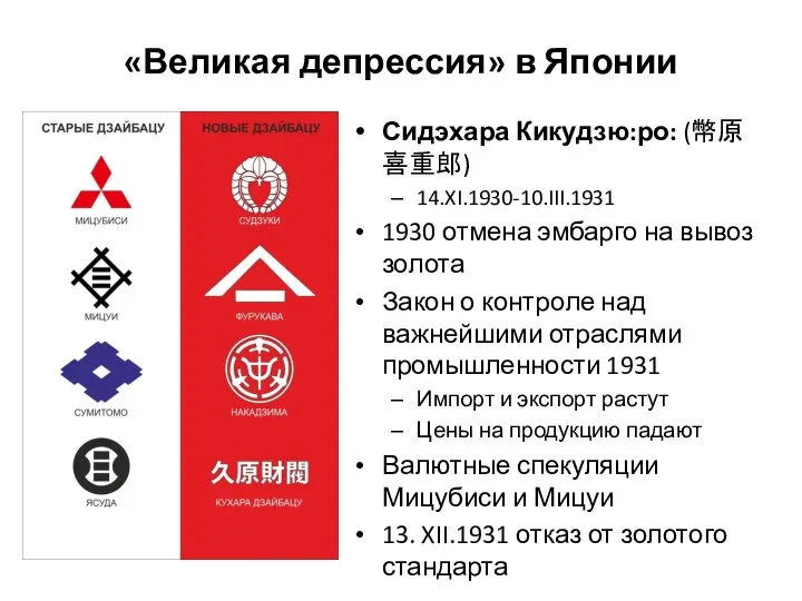 «Великая депрессия» в Японии Сидэхара Кикудзю:ро: (幣原喜重郎) 14.XI.1930-10.III.1931 1930 отмена эмбарго