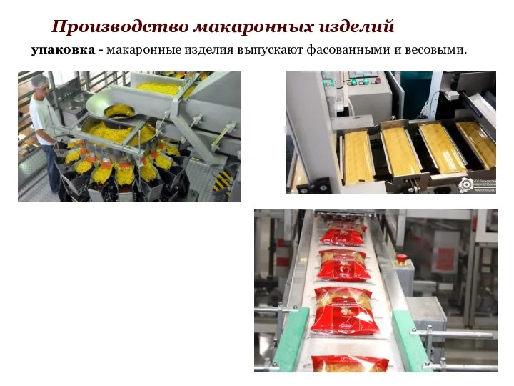 упаковка - макаронные изделия выпускают фасованными и весовыми. Производство макаронных изделий