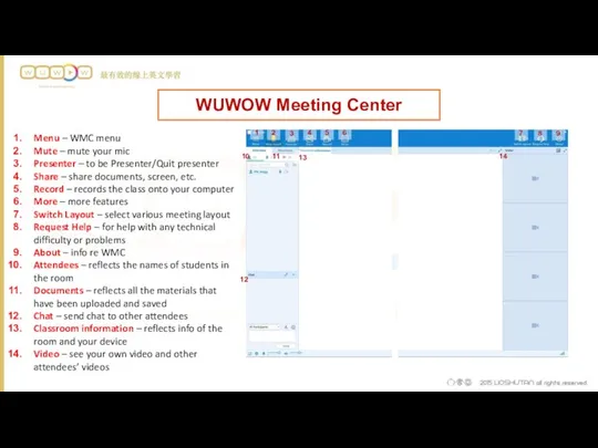 WUWOW Meeting Center Menu – WMC menu Mute – mute your