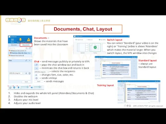 Documents, Chat, Layout Documents – Shows the materials that have been