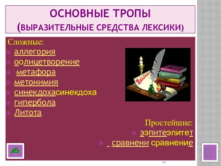 Сложные: аллегория оолицетворение метафора метонимия синекдохасинекдоха гипербола Литота Простейшие: ээпитеэпитет сравнени