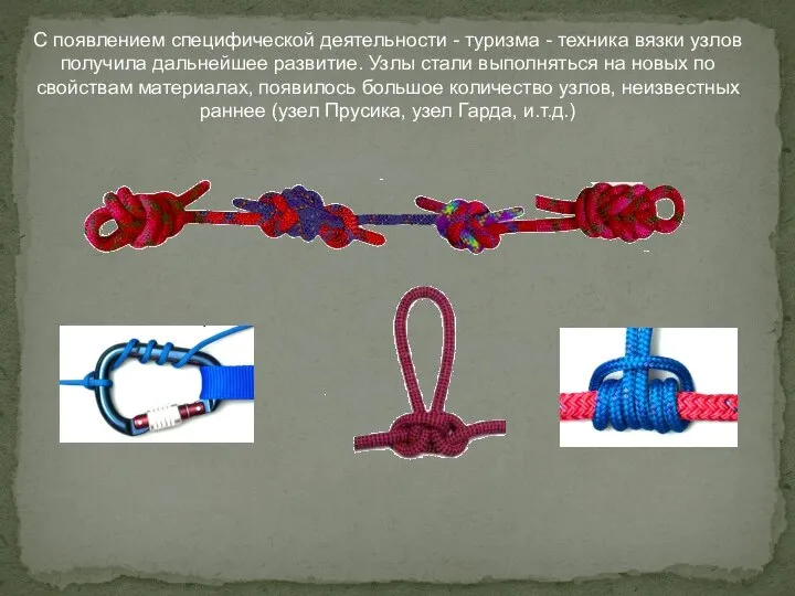 С появлением специфической деятельности - туризма - техника вязки узлов получила