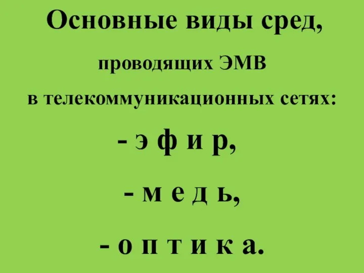 Основные виды сред, проводящих ЭМВ в телекоммуникационных сетях: э ф и