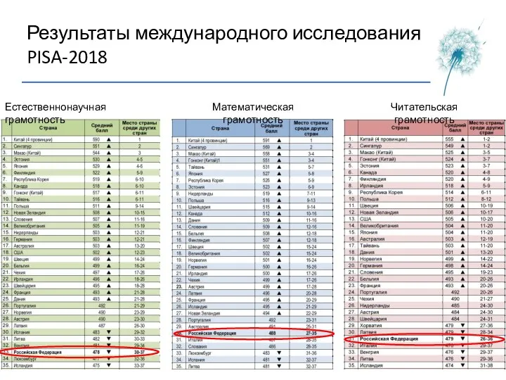 Результаты международного исследования PISA-2018 Естественнонаучная грамотность Математическая грамотность Читательская грамотность