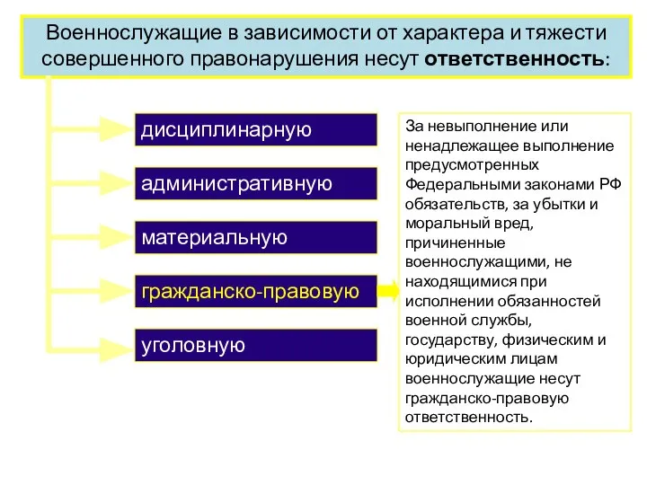 Военнослужащие в зависимости от характера и тяжести совершенного правонарушения несут ответственность: