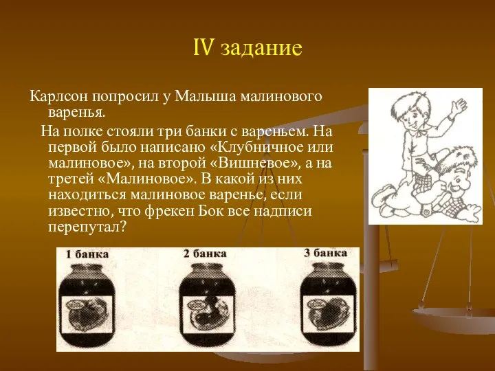 IV задание Карлсон попросил у Малыша малинового варенья. На полке стояли