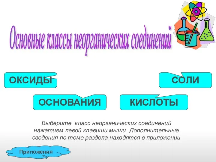 Выберите класс неорганических соединений нажатием левой клавиши мыши. Дополнительные сведения по