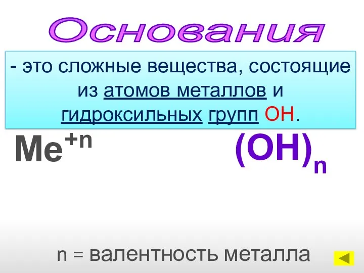 Ме+n (OH)n Oснования - это сложные вещества, состоящие из атомов металлов