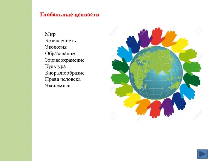 Глобальные ценности Мир Безопасность Экология Образование Здравоохранение Культура Биоразнообразие Права человека Экономика