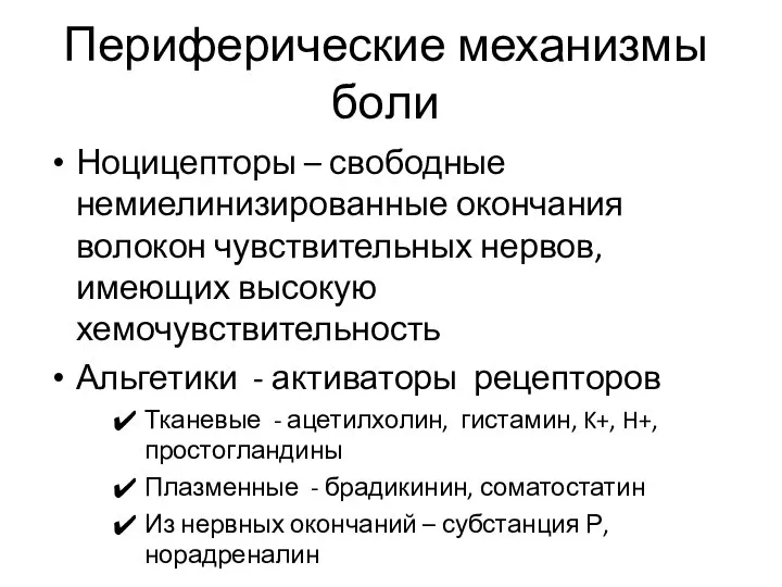 Периферические механизмы боли Ноцицепторы – свободные немиелинизированные окончания волокон чувствительных нервов,