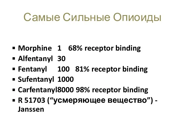 Morphine 1 68% receptor binding Alfentanyl 30 Fentanyl 100 81% receptor