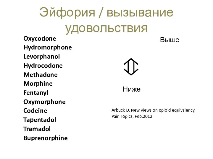 Эйфория / вызывание удовольствия Oxycodone Hydromorphone Levorphanol Hydrocodone Methadone Morphine Fentanyl