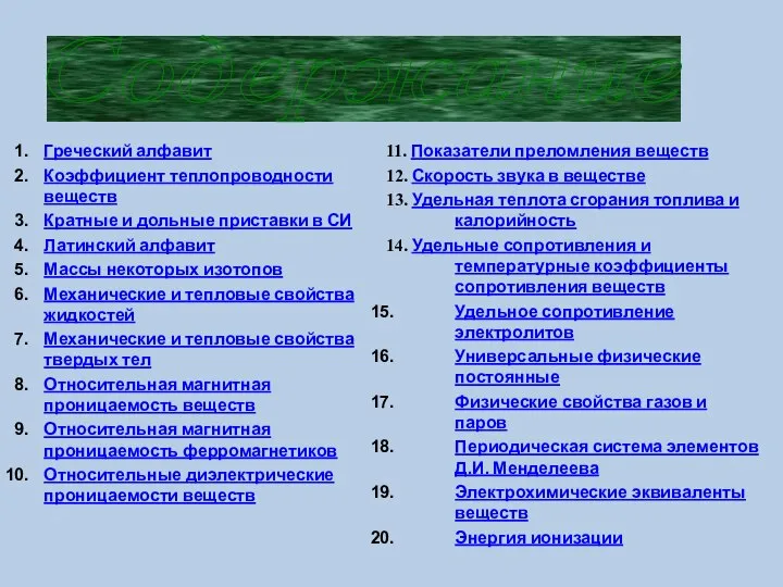 Содержание Греческий алфавит Коэффициент теплопроводности веществ Кратные и дольные приставки в