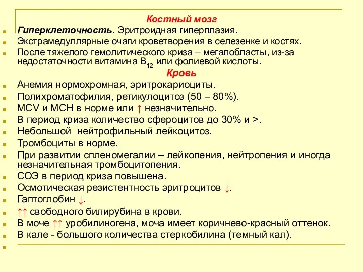 Костный мозг Гиперклеточность. Эритроидная гиперплазия. Экстрамедуллярные очаги кроветворения в селезенке и