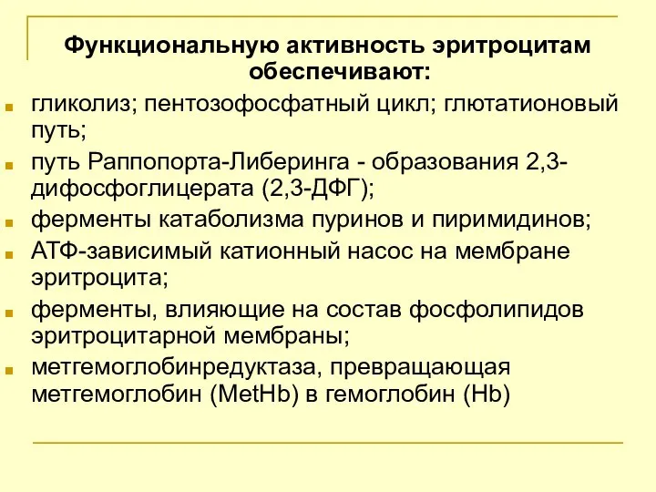 Функциональную активность эритроцитам обеспечивают: гликолиз; пентозофосфатный цикл; глютатионовый путь; путь Раппопорта-Либеринга