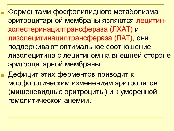 Ферментами фосфолипидного метаболизма эритроцитарной мембраны являются лецитин-холестеринацилтрансфераза (ЛХАТ) и лизолецитинацилтрансфераза (ЛАТ),