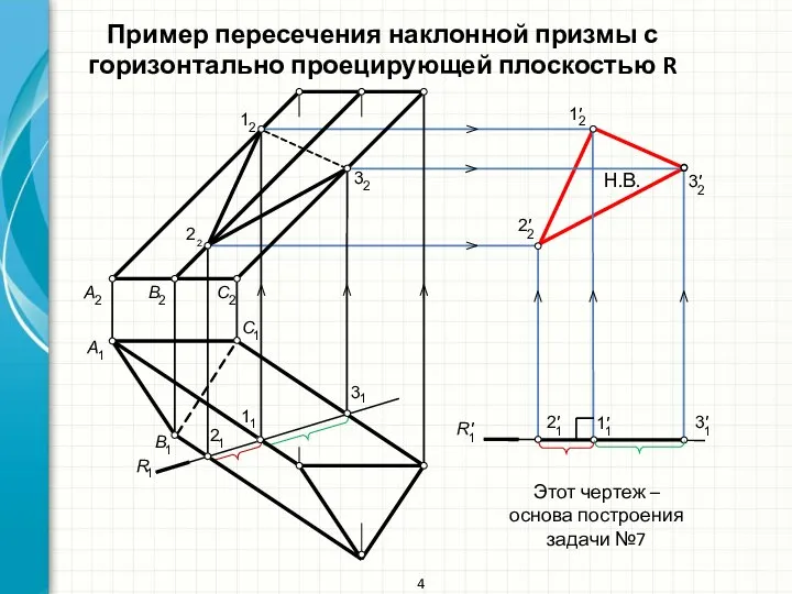 Пример пересечения наклонной призмы с горизонтально проецирующей плоскостью R 4 Этот