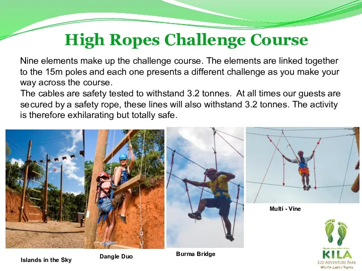 Nine elements make up the challenge course. The elements are linked