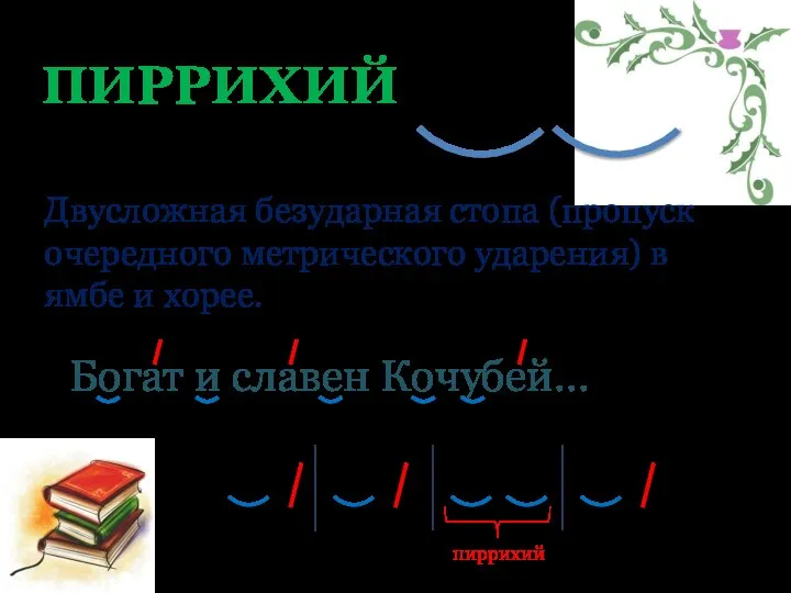 Богат и славен Кочубей… ПИРРИХИЙ Двусложная безударная стопа (пропуск очередного метрического